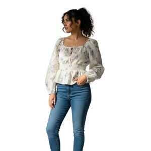 Velvet Heart Women’s Floral Smocked Peplum Blouse Blue Cream Boho – Size XL